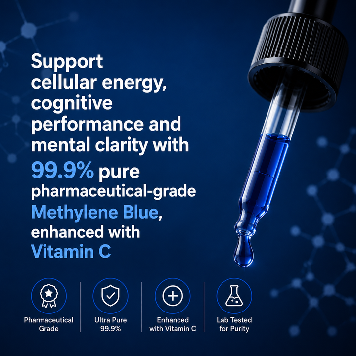 Support cellular energy, cognitive performance and mental clarity with 99.9% pure pharmaceutical-grade Methylene Blue, enhanced with Vitamin C