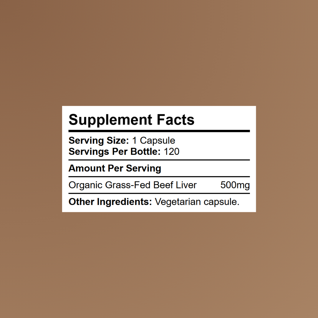 Beef liver supplement facts showing 500mg organic grass-fed beef liver per capsule