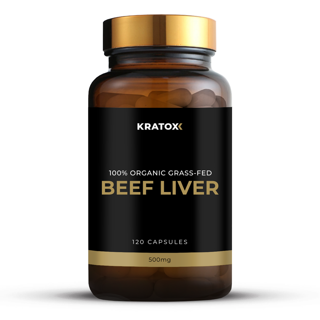 Organic grass-fed beef liver capsules 500mg for energy vitality and nutrient support by Kratox