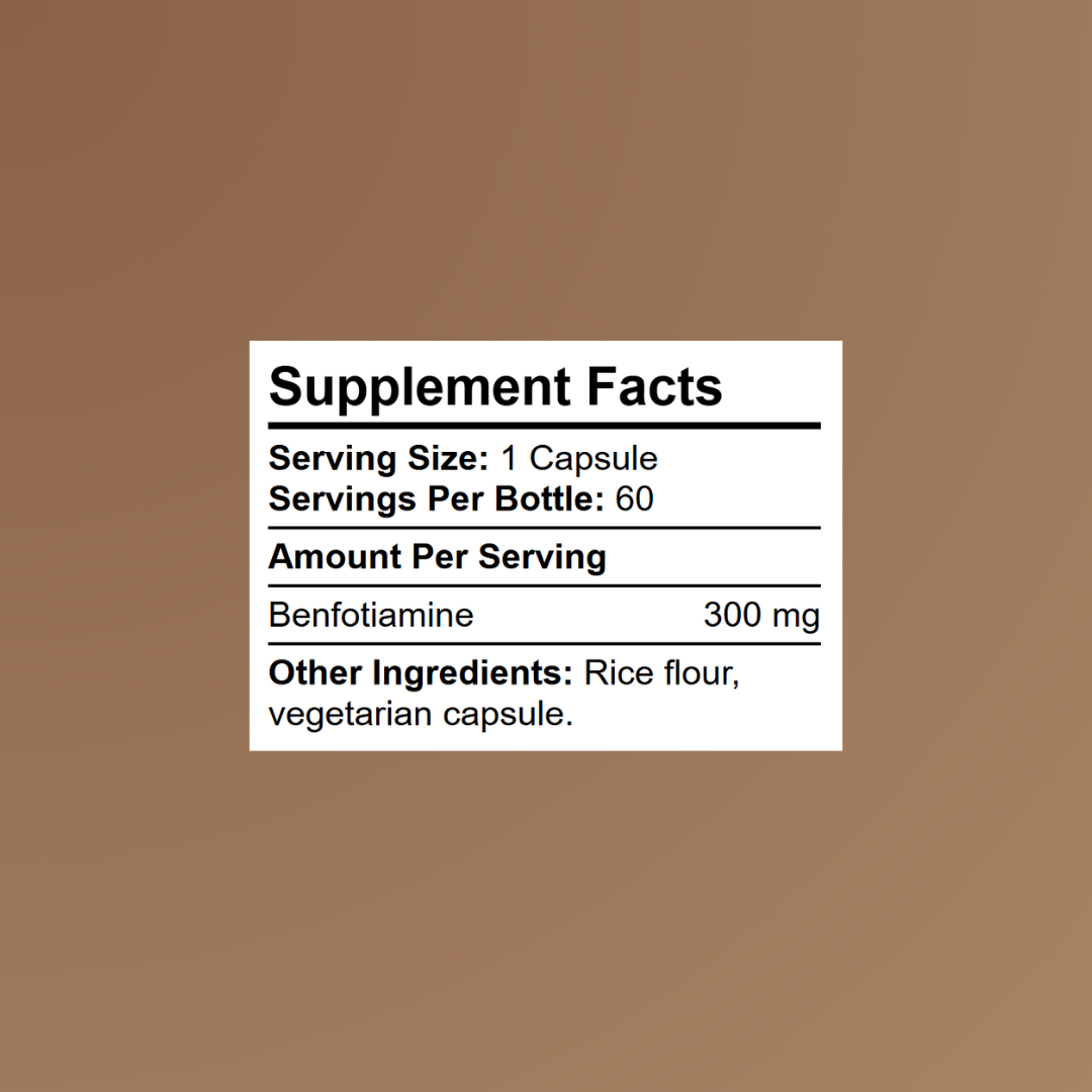 Benfotiamine supplement facts showing 300mg per capsule and clean formula