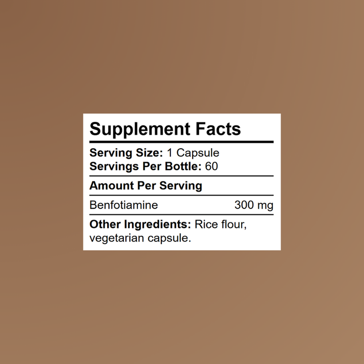 Benfotiamine supplement facts showing 300mg per capsule and clean formula