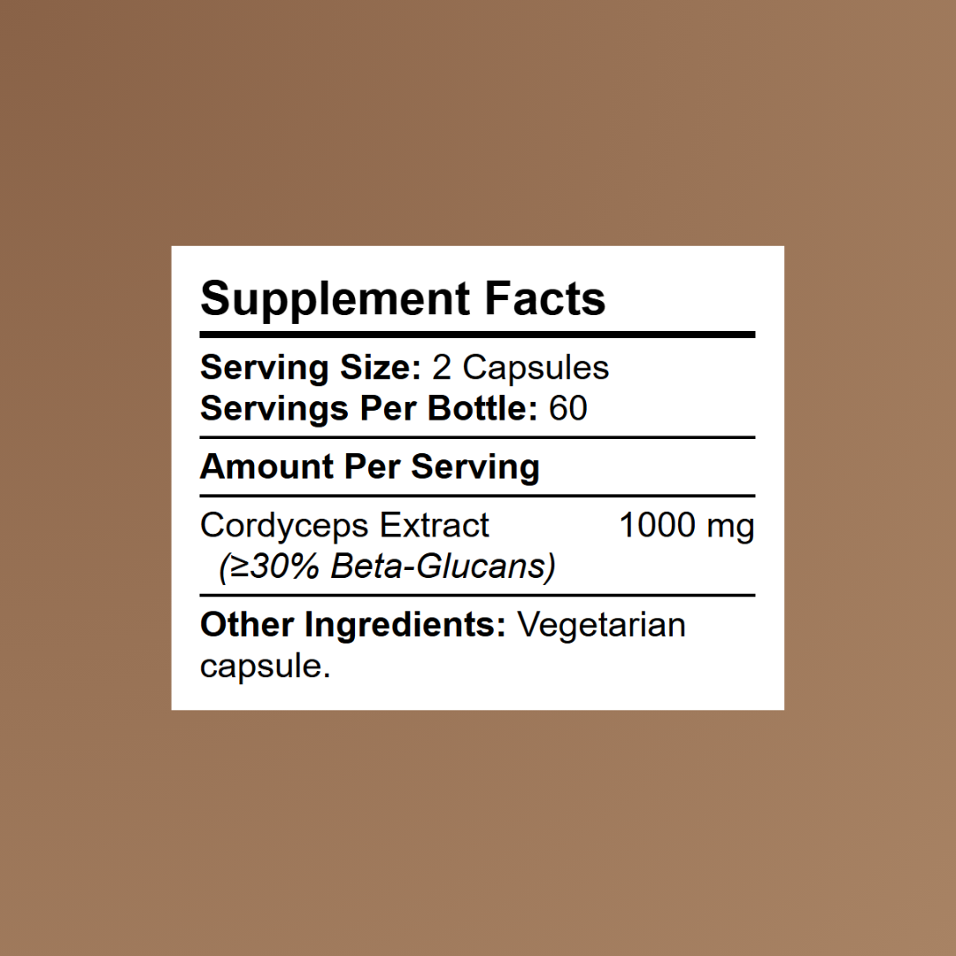 Kratox Cordyceps Supplement Facts panel showing 1000mg Cordyceps extract per serving standardised to beta-glucans