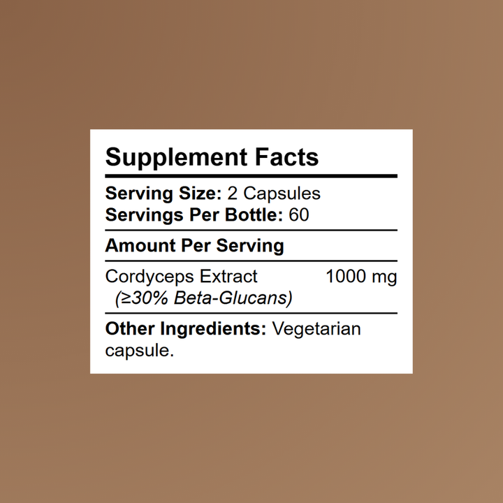 Kratox Cordyceps Supplement Facts panel showing 1000mg Cordyceps extract per serving standardised to beta-glucans