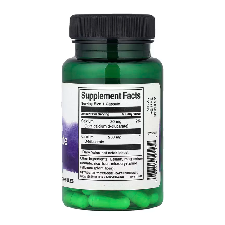 Supplement facts panel showing 250mg calcium d-glucarate dosage per capsule
