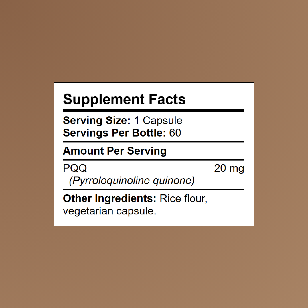 Kratox PQQ Supplement Facts panel showing 20mg pyrroloquinoline quinone per capsule with 60 servings per bottle