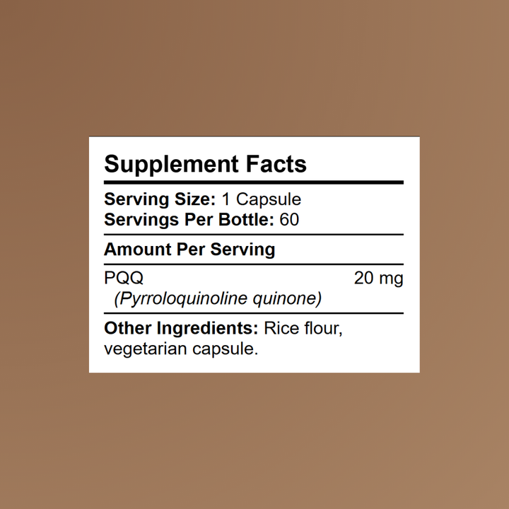 Kratox PQQ Supplement Facts panel showing 20mg pyrroloquinoline quinone per capsule with 60 servings per bottle