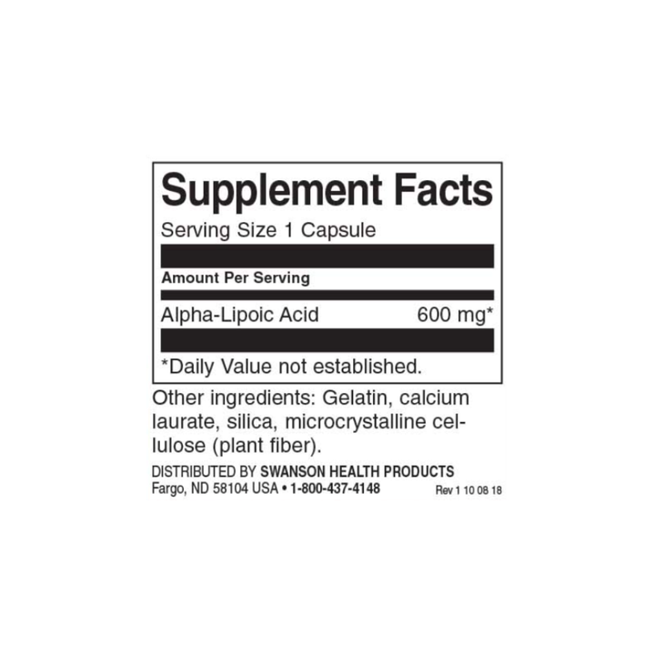Swanson Alpha Lipoic Acid 600 mg capsules bottle with 60 capsules