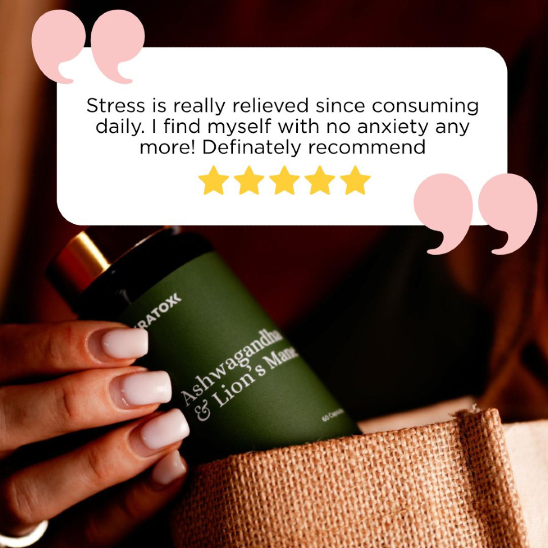 Five-star review for Kratox Ashwagandha &amp; Lions Mane: “Stress is really relieved since consuming daily. I find myself with no anxiety any more! Definitely recommend”