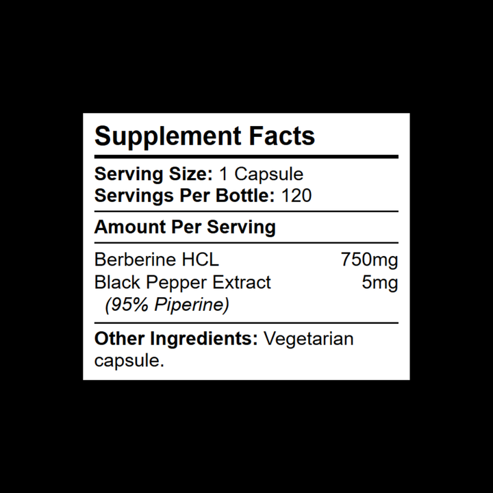 Supplement facts label showing 1 capsule serving with 750mg Berberine HCL and 5mg Black Pepper Extract