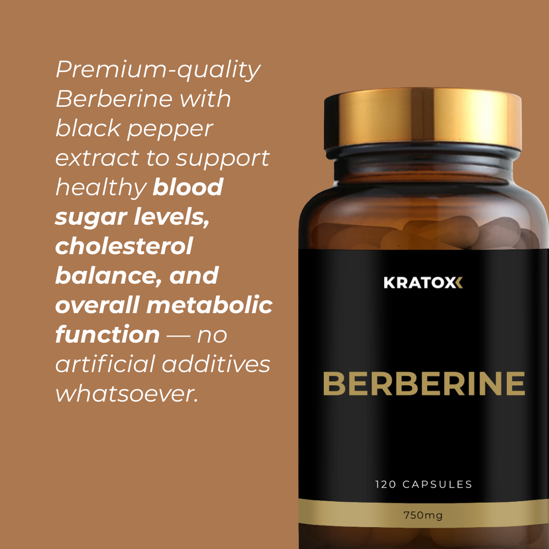 Amber bottle of Berberine capsules with gold cap and black label showing 120 capsules and 750mg dose