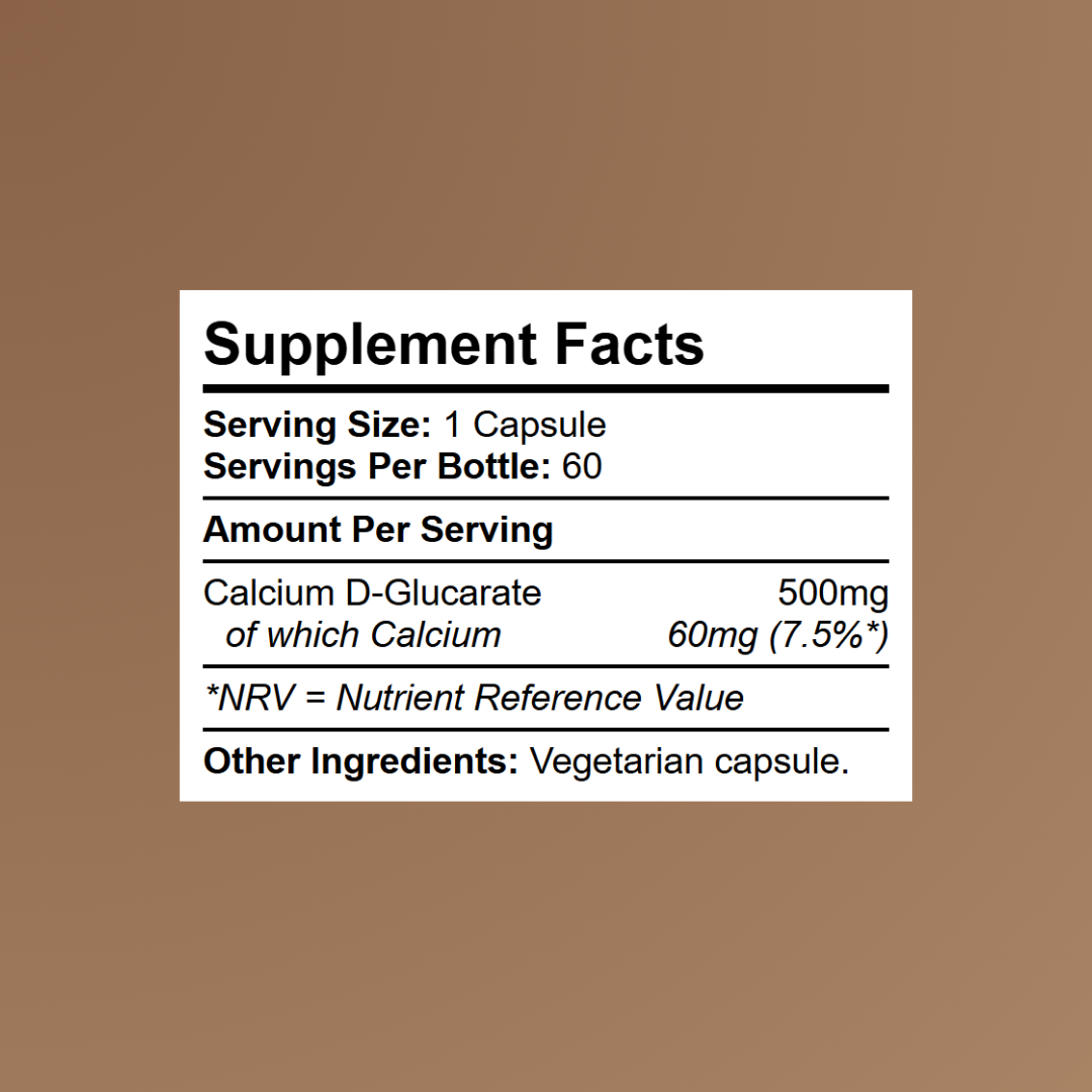 Calcium D-Glucarate supplement facts showing 500mg per capsule and clean formula