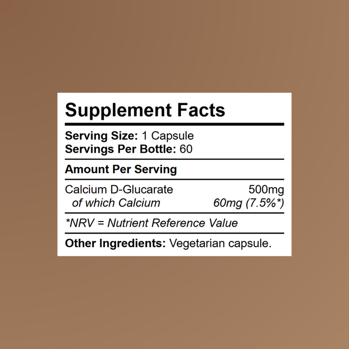Calcium D-Glucarate supplement facts showing 500mg per capsule and clean formula