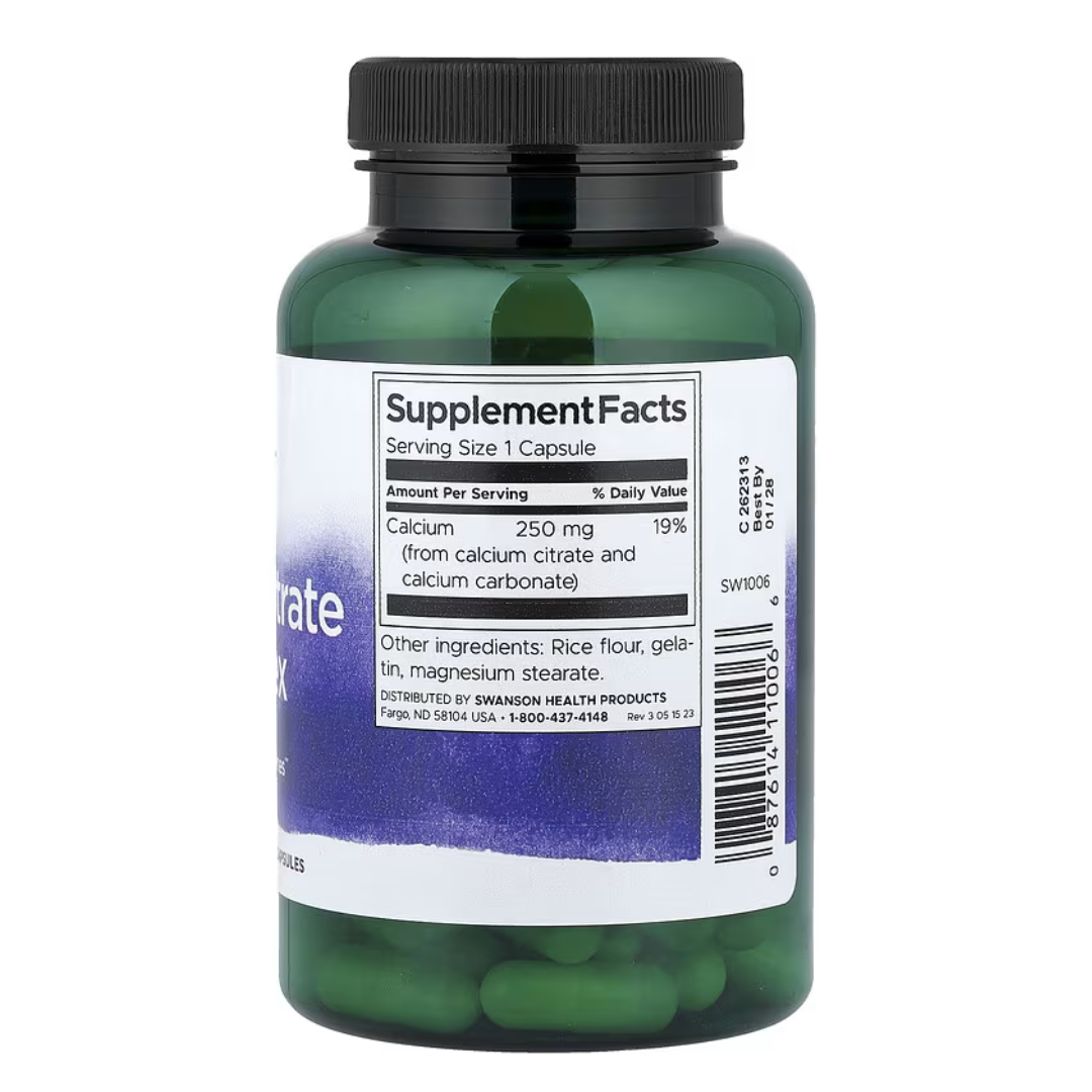 Calcium Citrate Complex supplement facts showing 250mg elemental calcium per capsule