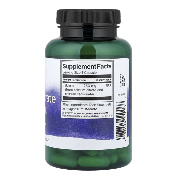 Calcium Citrate Complex supplement facts showing 250mg elemental calcium per capsule