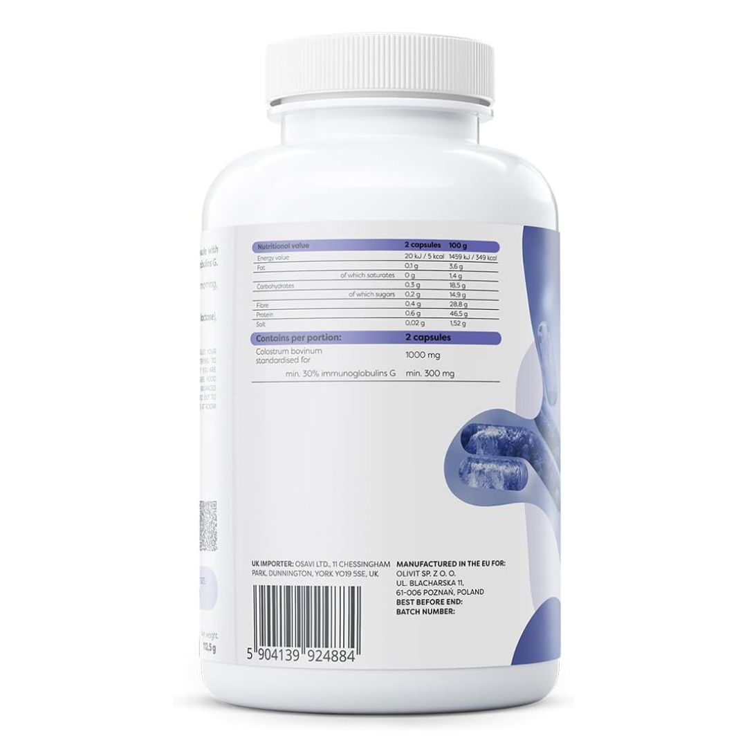 Osavi bovine colostrum supplement facts panel showing 1000 mg colostrum per serving
