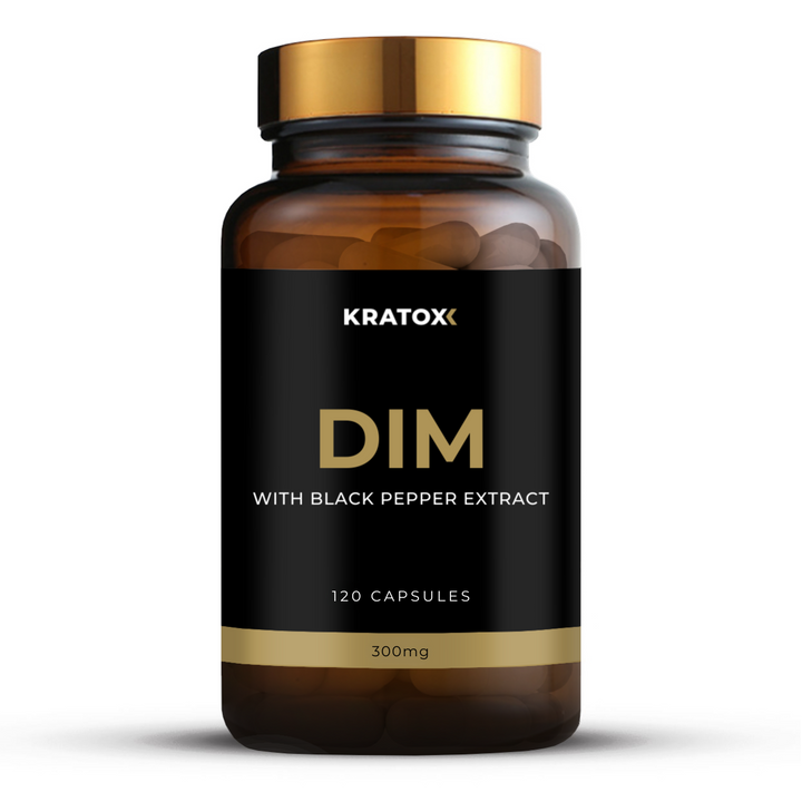 Bottle of Kratox DIM 300mg with Black Pepper Extract on a white background