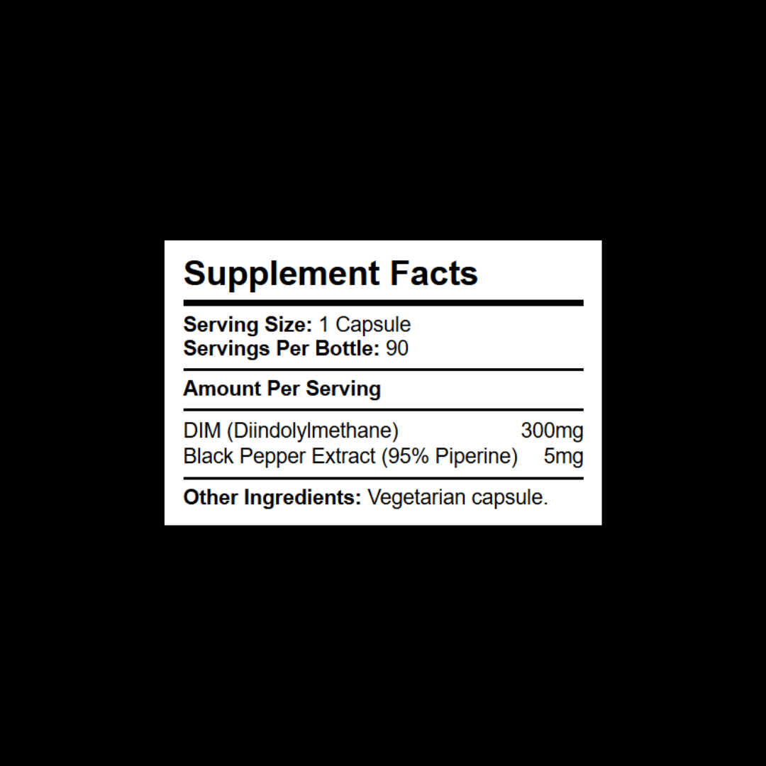 Nutrition and supplement facts for Kratox DIM capsules — dosage 300mg.