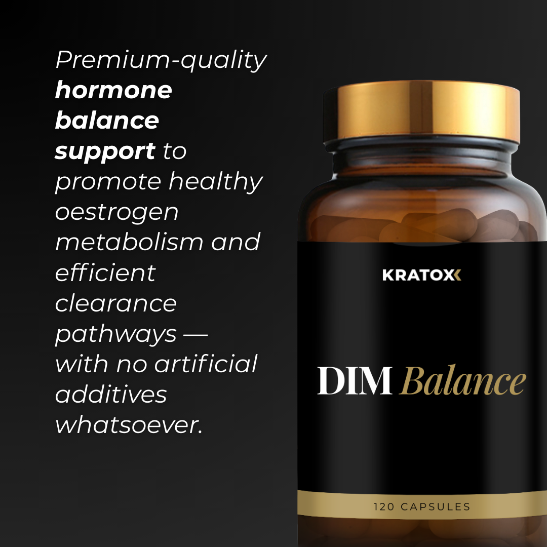 DIM Balance by Kratox supporting healthy oestrogen metabolism and hormone balance with no artificial fillers