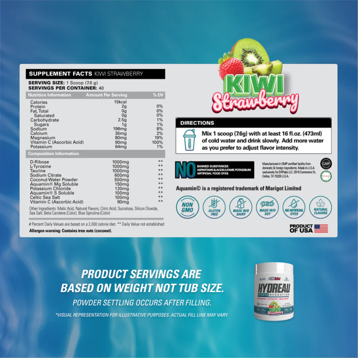 Hydreau hydration supplement facts panel showing electrolyte content for sports performance