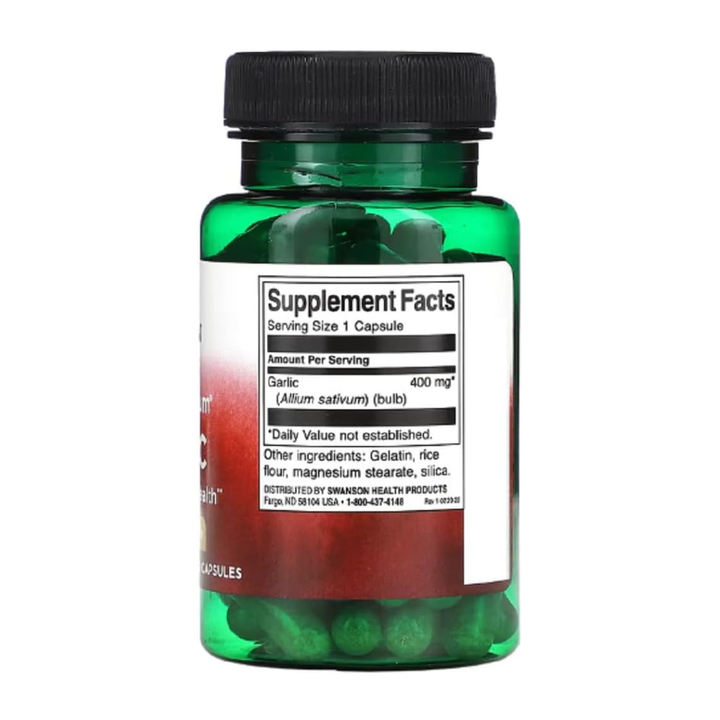 Swanson Full Spectrum Garlic 400mg supplement facts showing full spectrum garlic powder per capsule