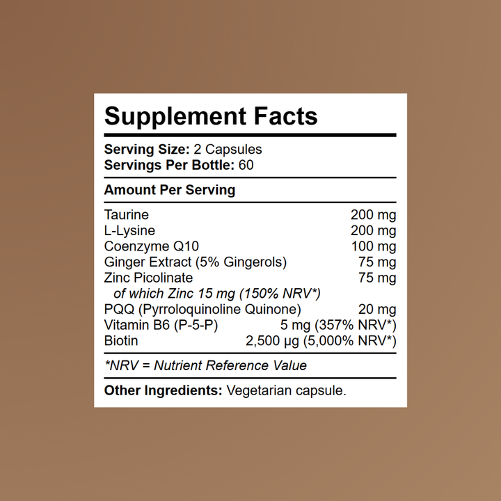 GLP-1 support supplement facts showing taurine CoQ10 biotin and zinc formula