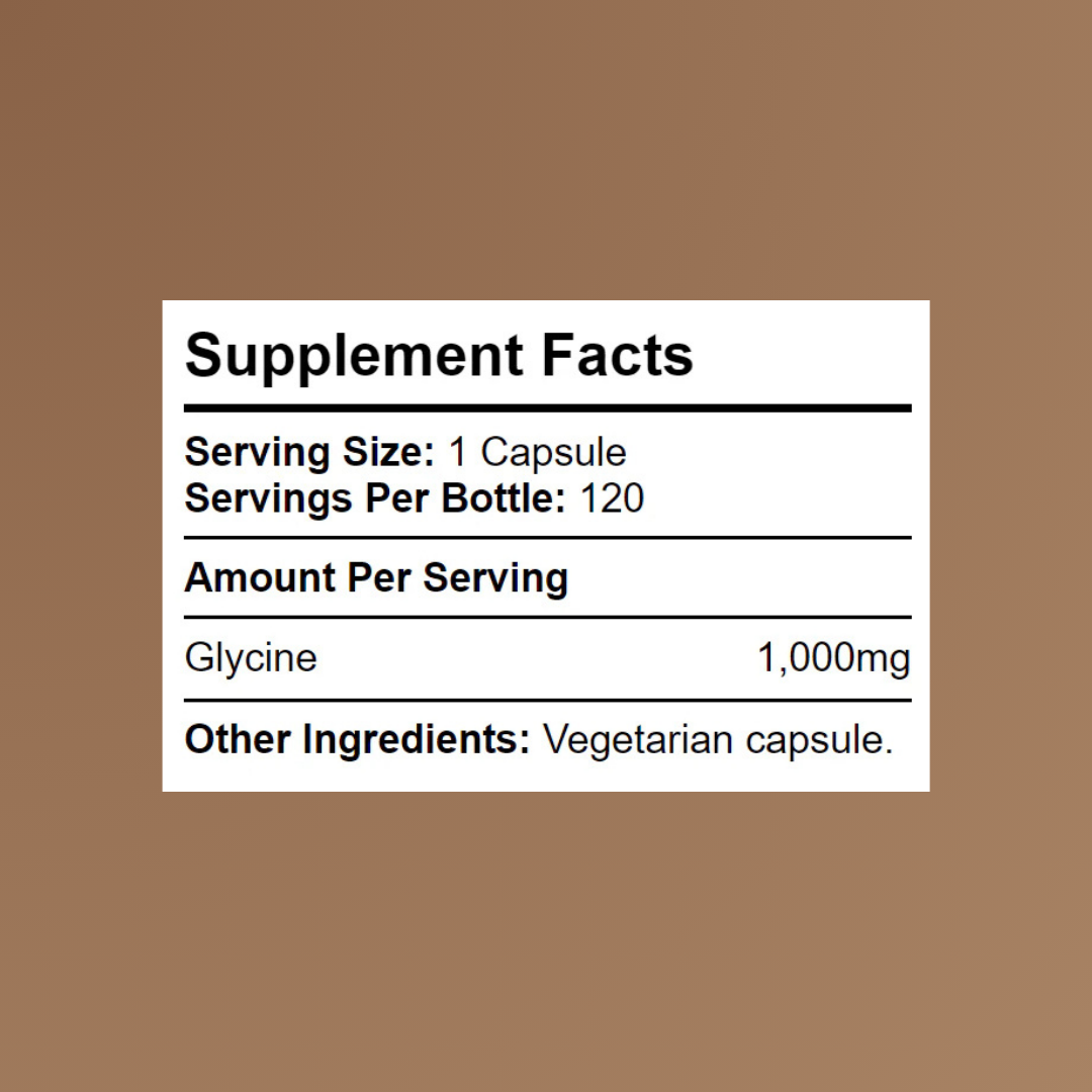 Kratox Glycine supplement facts showing 1000mg glycine dosage per serving and capsule count
