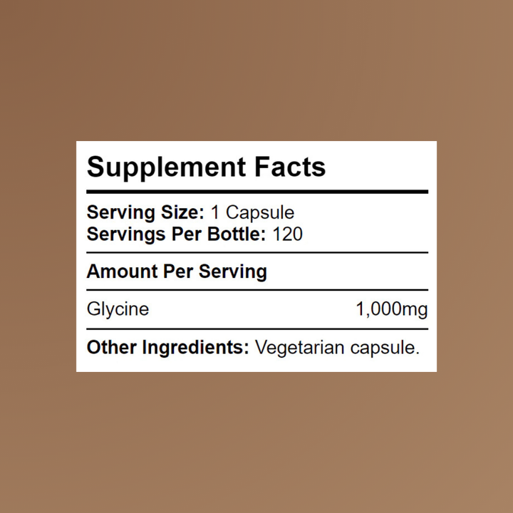 Kratox Glycine supplement facts showing 1000mg glycine dosage per serving and capsule count