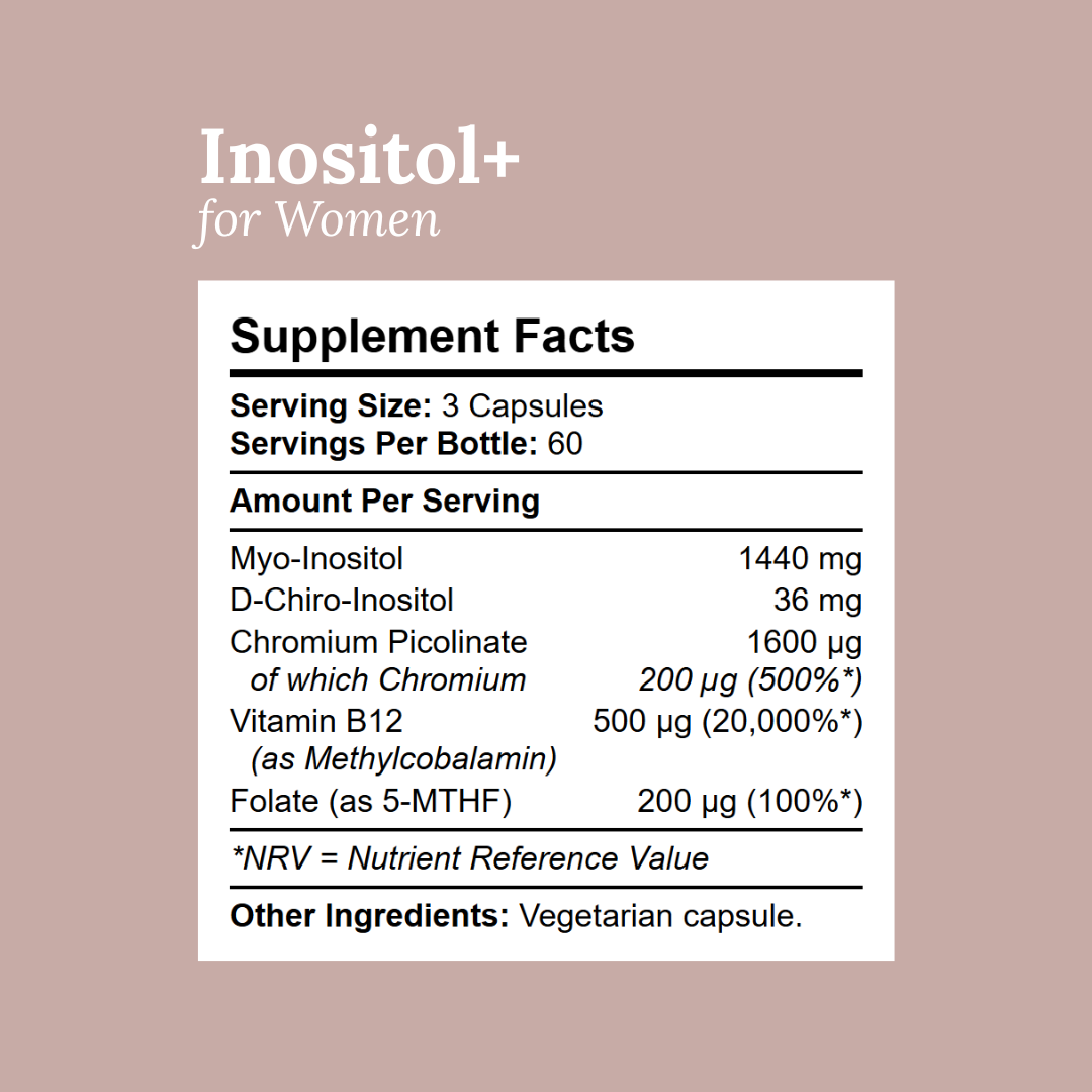 Supplement facts panel showing myo-inositol, D-chiro-inositol, chromium, folate and vitamin B12
