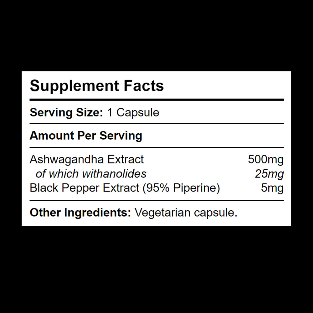 Supplement Facts panel for Ashwagandha 500mg supplement — ingredient list and extract dosage per serving.
