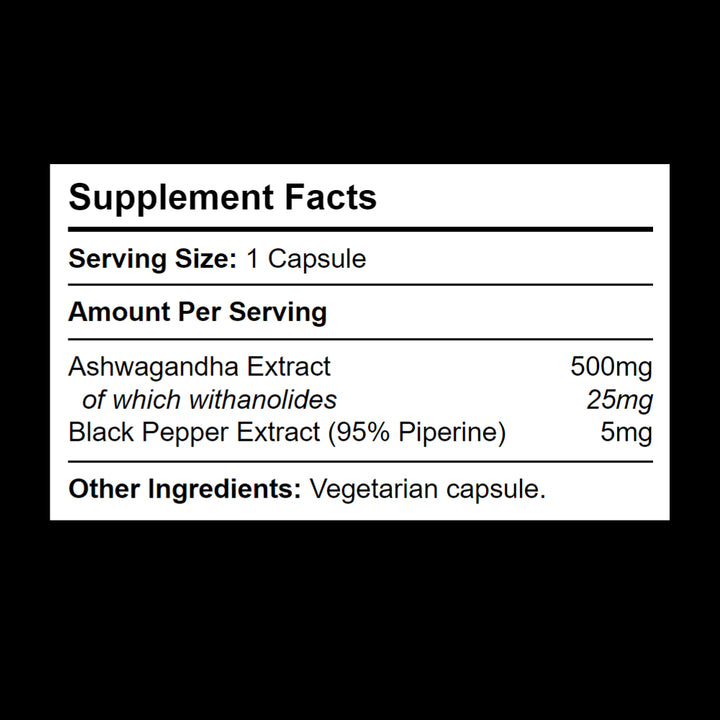 Supplement Facts panel for Ashwagandha 500mg supplement — ingredient list and extract dosage per serving.