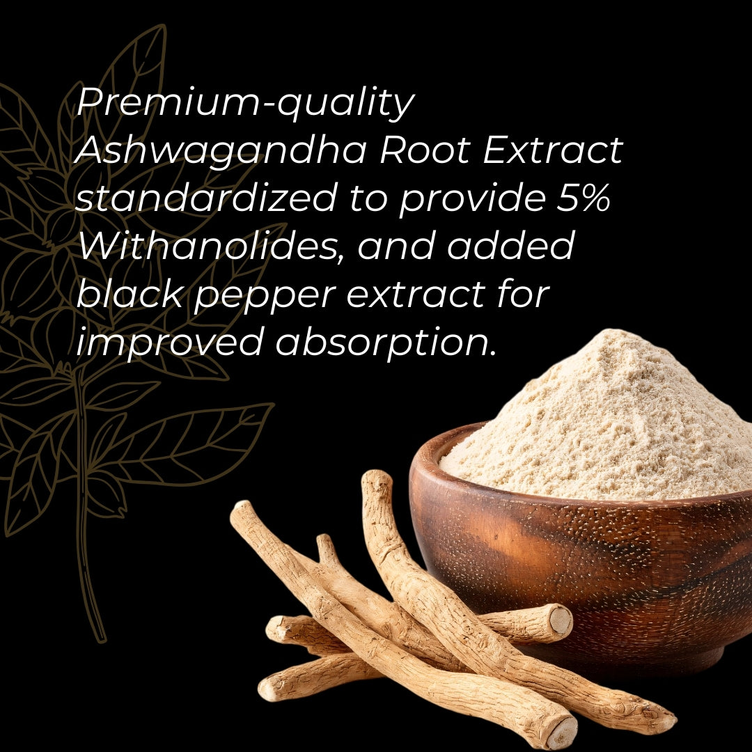 Ashwagandha (5% Withanolides) supplement benefits graphic — adaptogenic herb to support stress relief, mental balance and relaxation.