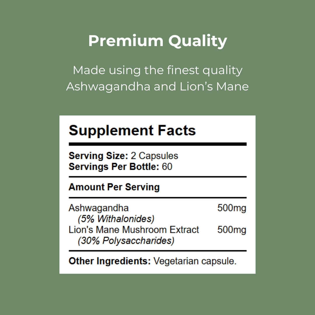 Nutrition and ingredient details for Kratox Ashwagandha &amp; Lion’s Mane — herbal formula composition and recommended serving information.