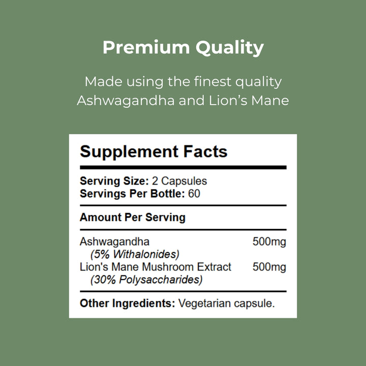 Nutrition and ingredient details for Kratox Ashwagandha &amp; Lion’s Mane — herbal formula composition and recommended serving information.