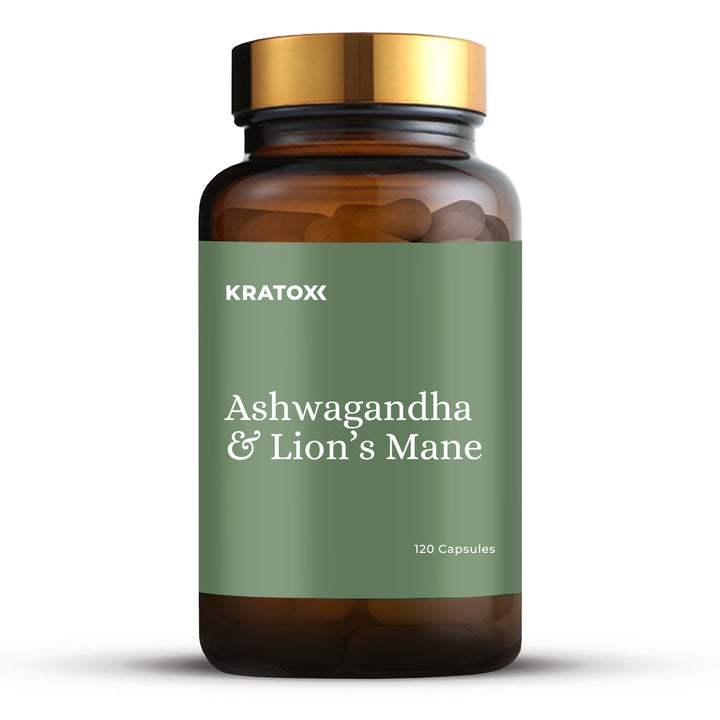 Kratox Ashwagandha &amp; Lion’s Mane capsules — dual-herb formula for mood balance, cognitive wellness and daily vitality.