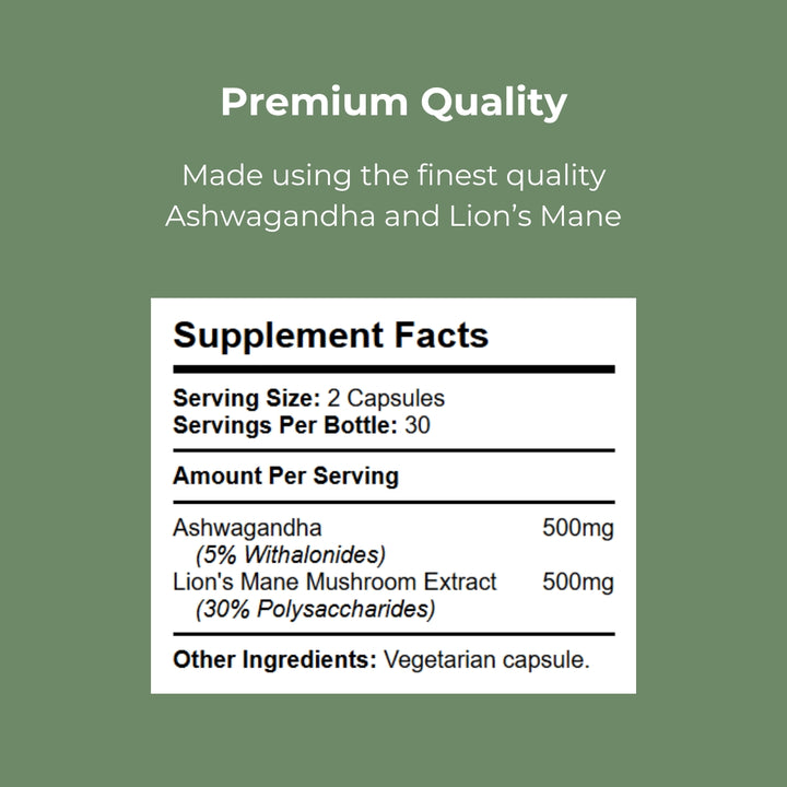 Ashwagandha + Lion’s Mane supplement label — ingredient breakdown and dosage per serving for cognitive and wellness support.
