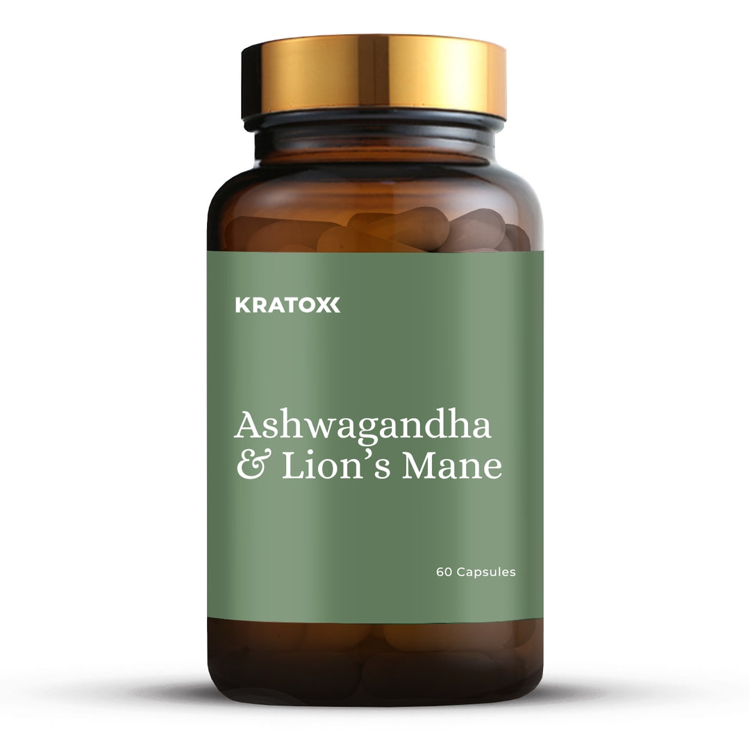 Ashwagandha and Lion’s Mane supplement bottle — Kratox nootropic-adaptogen formula for focus, calm and brain support.