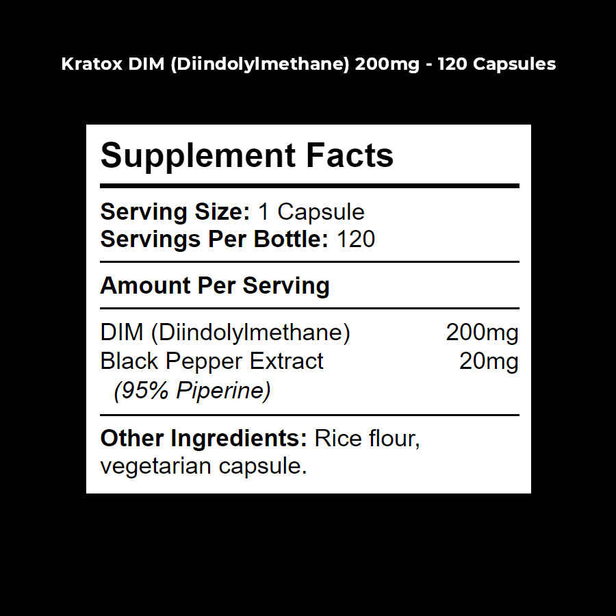 DIM supplement label — ingredient and serving size information for Kratox DIM.  