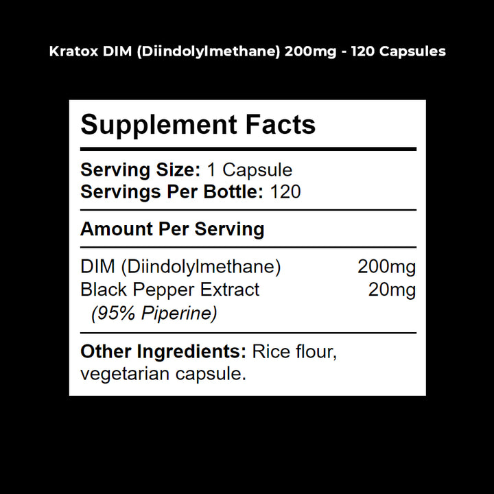 DIM supplement label — ingredient and serving size information for Kratox DIM.  