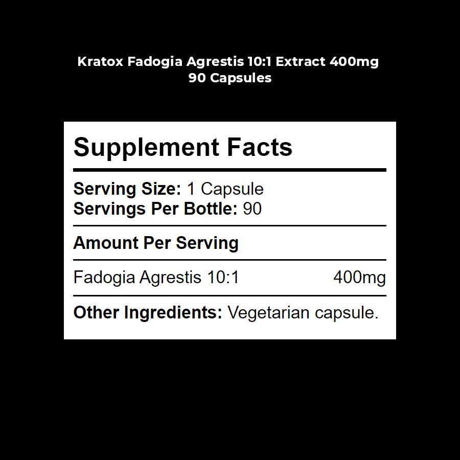 Supplement Facts panel for Kratox Fadogia Agrestis 10:1 showing extract dosage and serving size details.