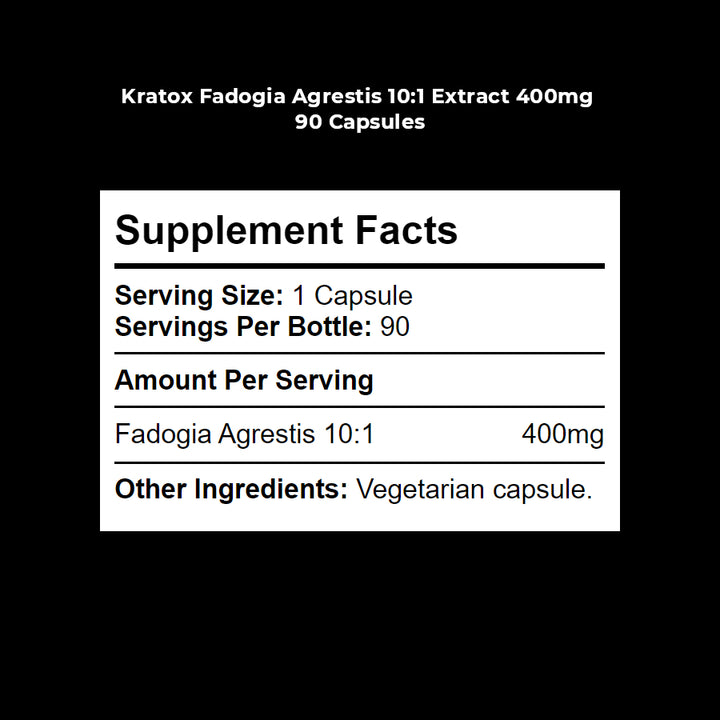 Supplement Facts panel for Kratox Fadogia Agrestis 10:1 showing extract dosage and serving size details.