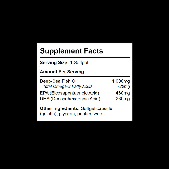 Supplement Facts panel for Omega-3 Fish Oil showing EPA and DHA dosages per serving.  
