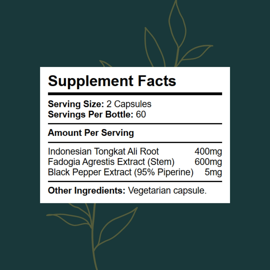 Supplement Facts panel for TongFad showing Tongkat Ali root, Fadogia Agrestis extract, black pepper extract and serving size per capsule.  