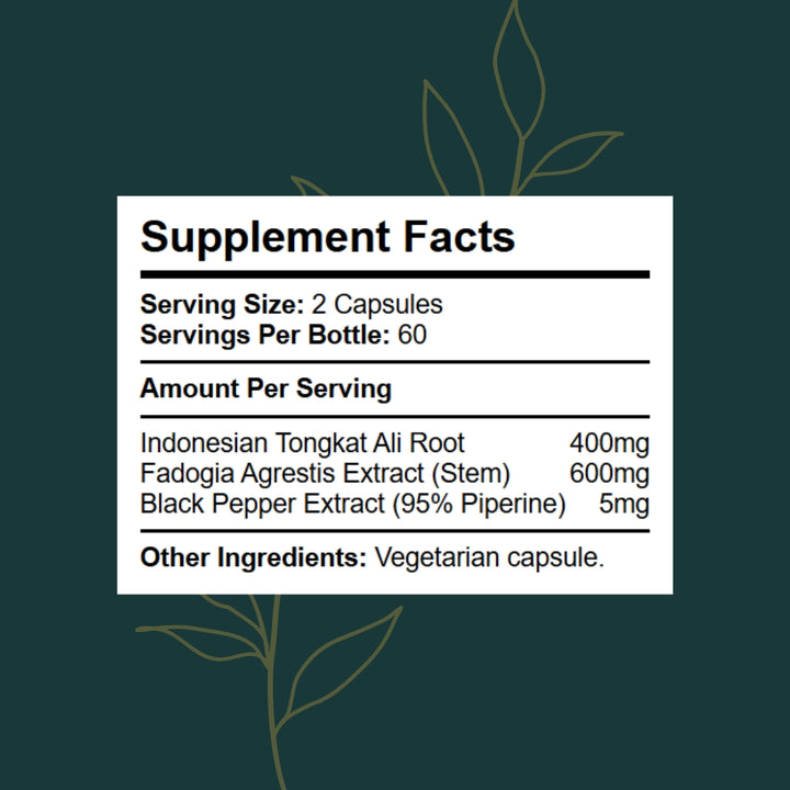 Supplement Facts panel for TongFad showing Tongkat Ali root, Fadogia Agrestis extract, black pepper extract and serving size per capsule.  