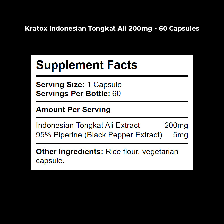 Supplement Facts panel for Kratox Tongkat Ali 200mg showing extract amount and serving details.