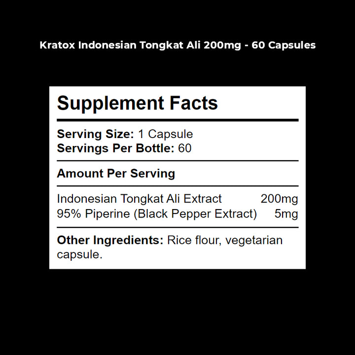 Supplement Facts panel for Kratox Tongkat Ali 200mg showing extract amount and serving details.