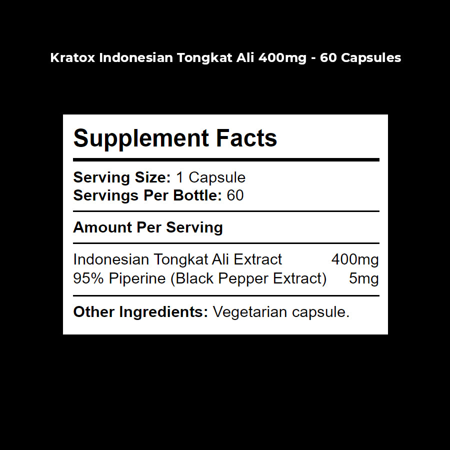 Ingredient label for Indonesian Tongkat Ali 400mg — extract dosage and capsule information.