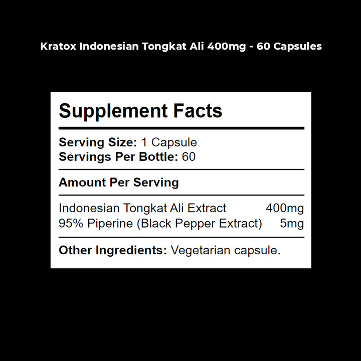 Ingredient label for Indonesian Tongkat Ali 400mg — extract dosage and capsule information.