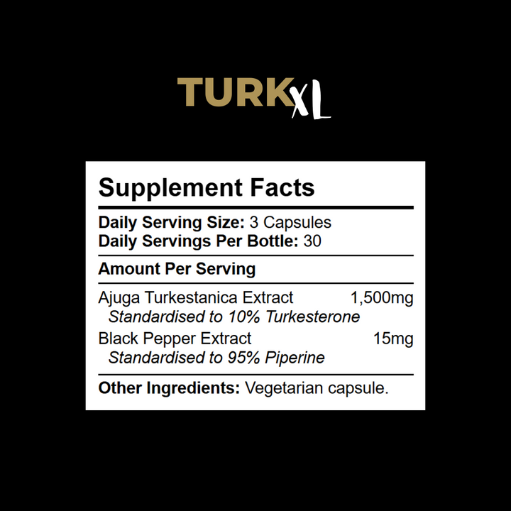 Supplement Facts panel for Kratox Turkesterone XL showing extract amount 1500mg and serving size details.