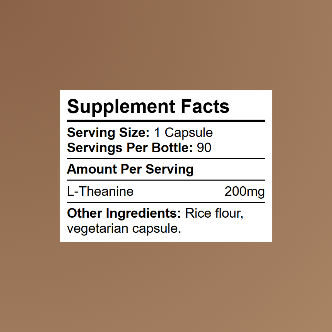 Kratox L-Theanine supplement facts showing 200mg per capsule and 90 daily servings
