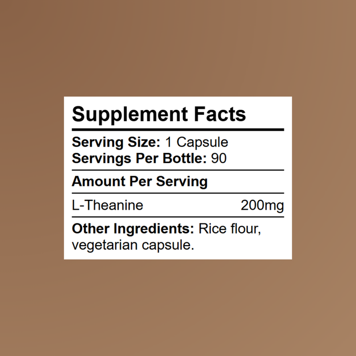 Kratox L-Theanine supplement facts showing 200mg per capsule and 90 daily servings